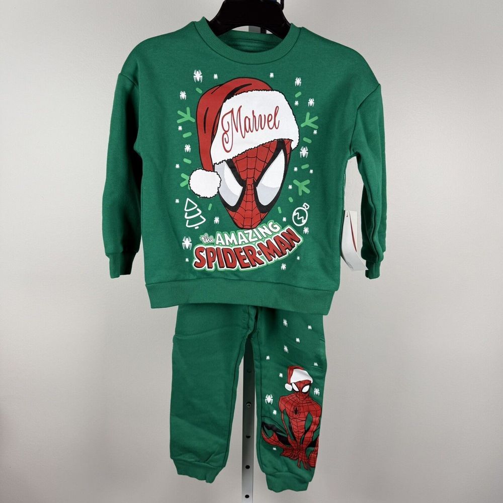 Spidey Kids Jogger Suit XS 4/5 Green Sweatshirt Pants Elastic Marvel Christmas
